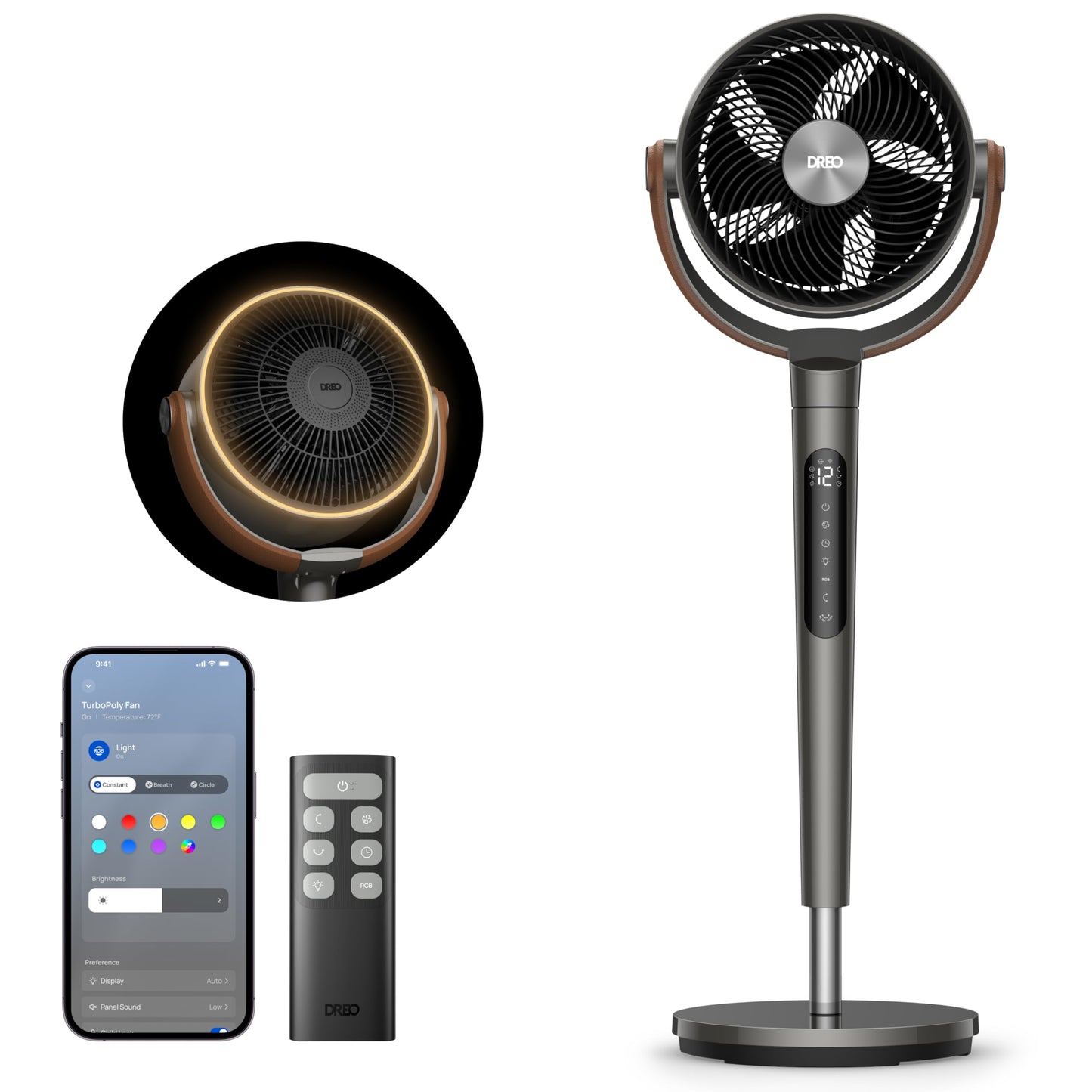 DREO PolyFan 513S DR-HAF003S Pedestal Fan 95,5cm – 2209m³/h, 20dB, RGB, 150°+120°, WiFi, Alexa, Black