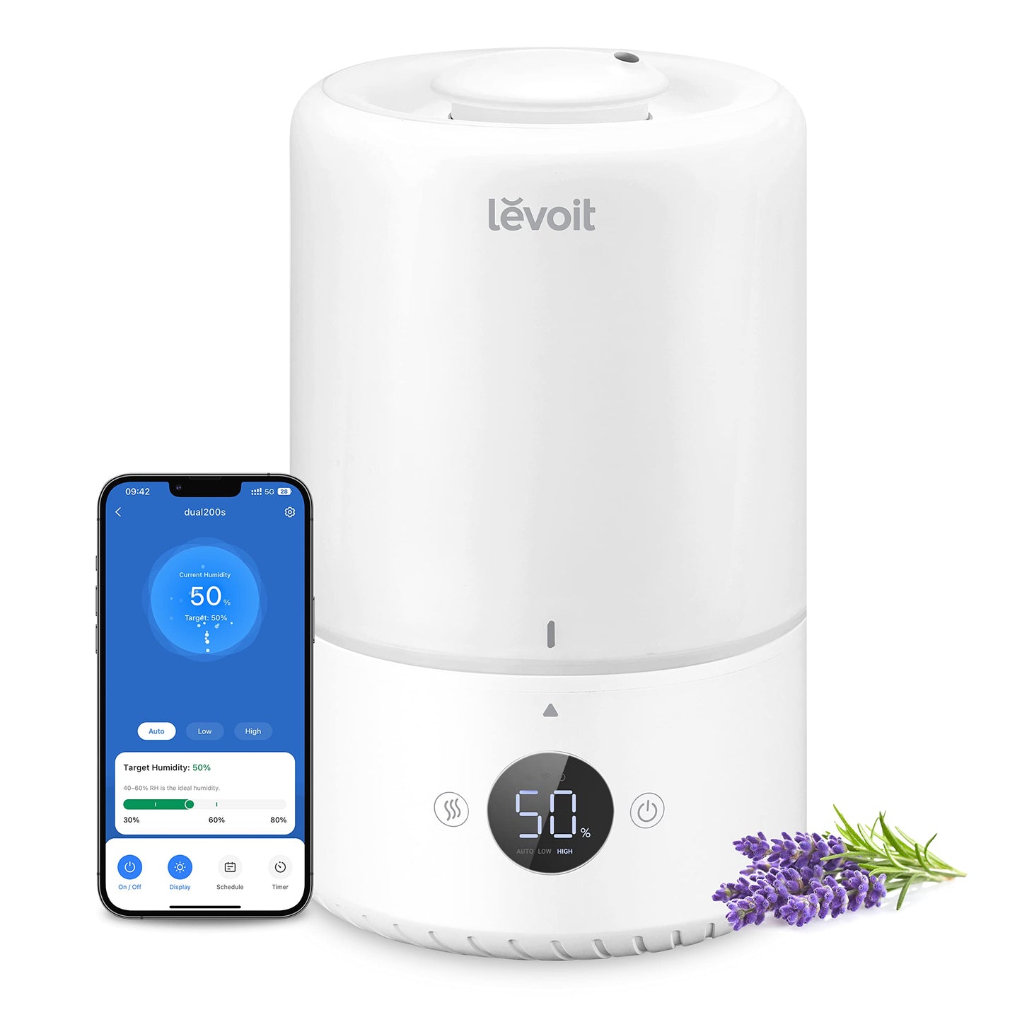 Levoit OasisMist LUH-O451S Humidifier 4,5L – Warm & Kalt, VortexMist, 550ml/h, 26dB, WiFi, Moon White
