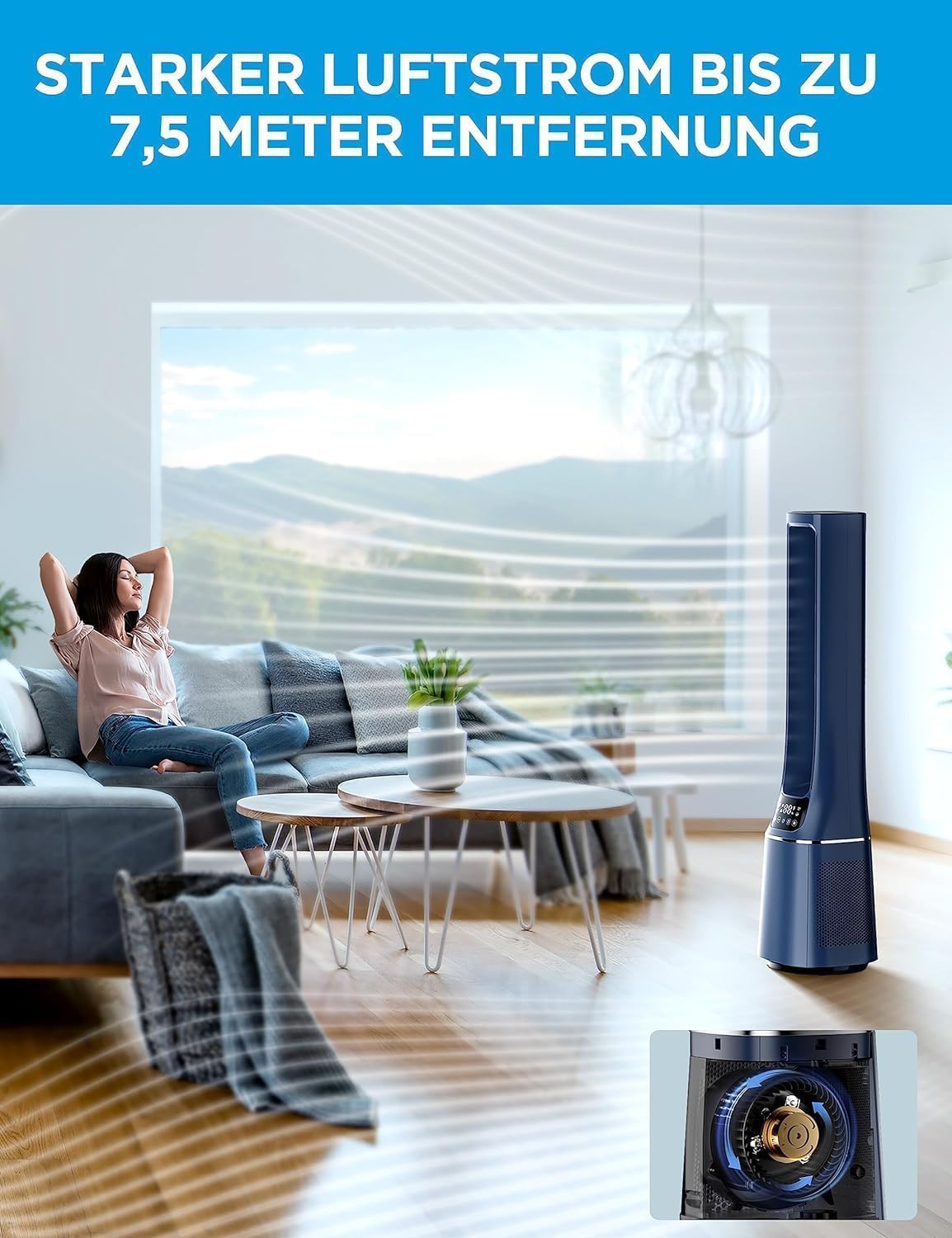 Midea MFP-120i Bladeless Air Purifier & Ventilator – H13 HEPA, SensiCool, WiFi, Alexa, 38dB, Blue