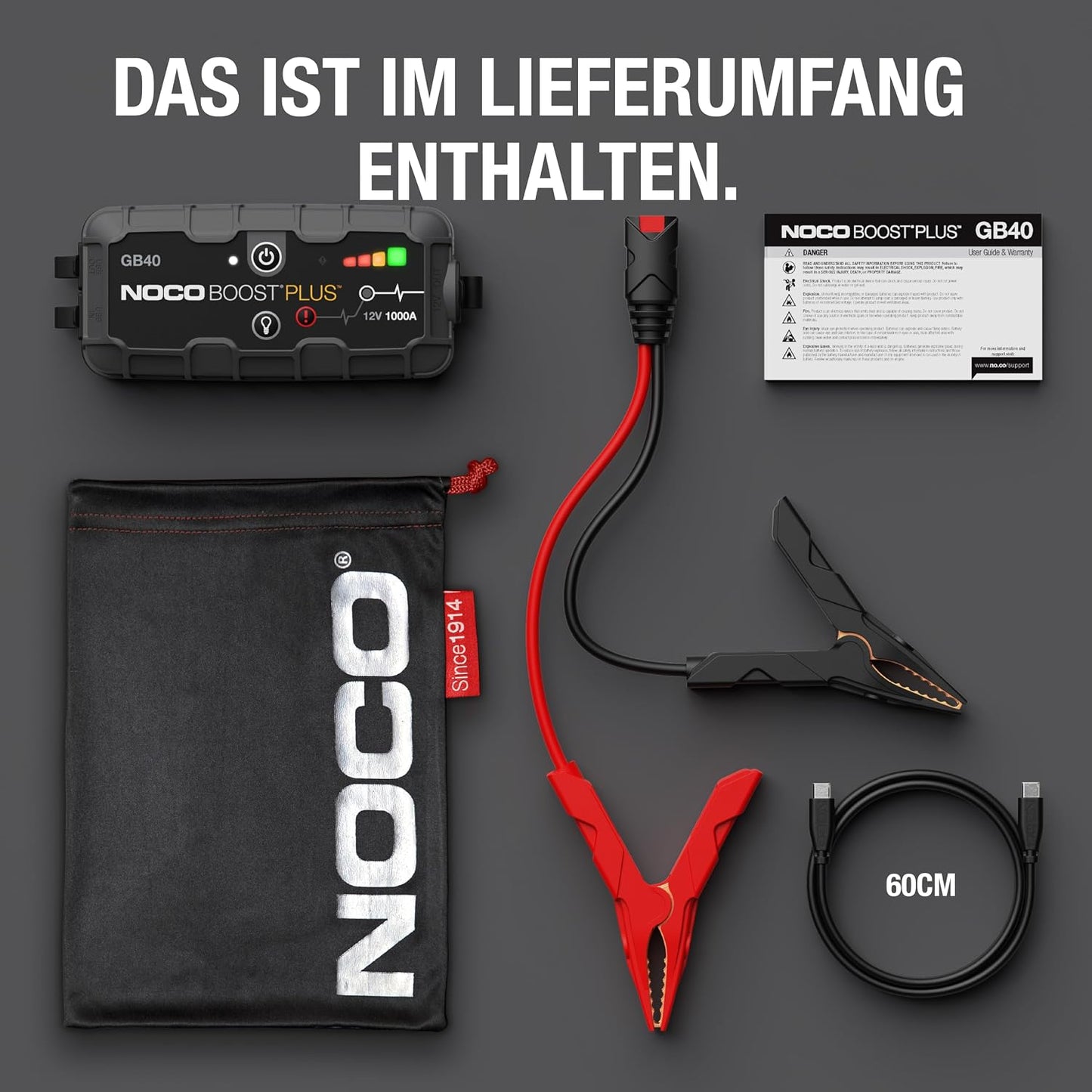 NOCO GB40 Jump Starter Power Bank 1000A – 12V, IP65, 20 Starts, LED, USB-C, Pkw/Motorrad/Boot, 1,1kg