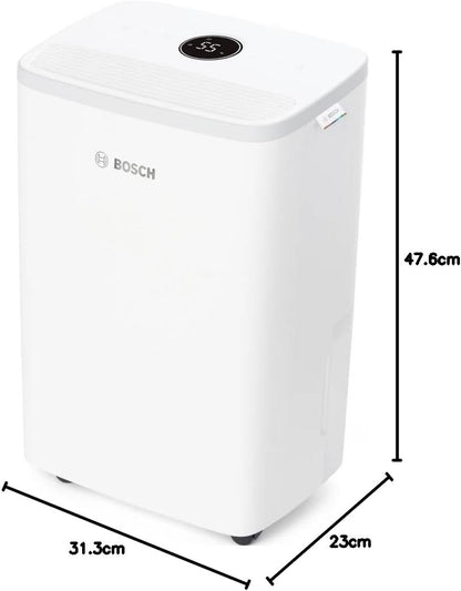 Bosch Dry 2000 Dehumidifier 12L/Day – 35dB, 2,5L Tank, Auto/Nacht/Laundry, 24m², White/Grey
