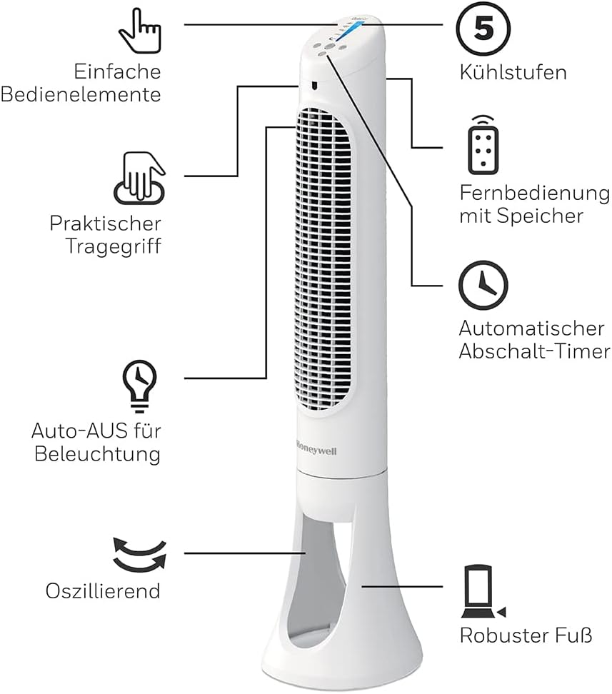 Honeywell HYF260E QuietSet Tower Fan 83cm – 5 Speeds, 80° Oscillation, 30W, Timer, Remote Control, White
