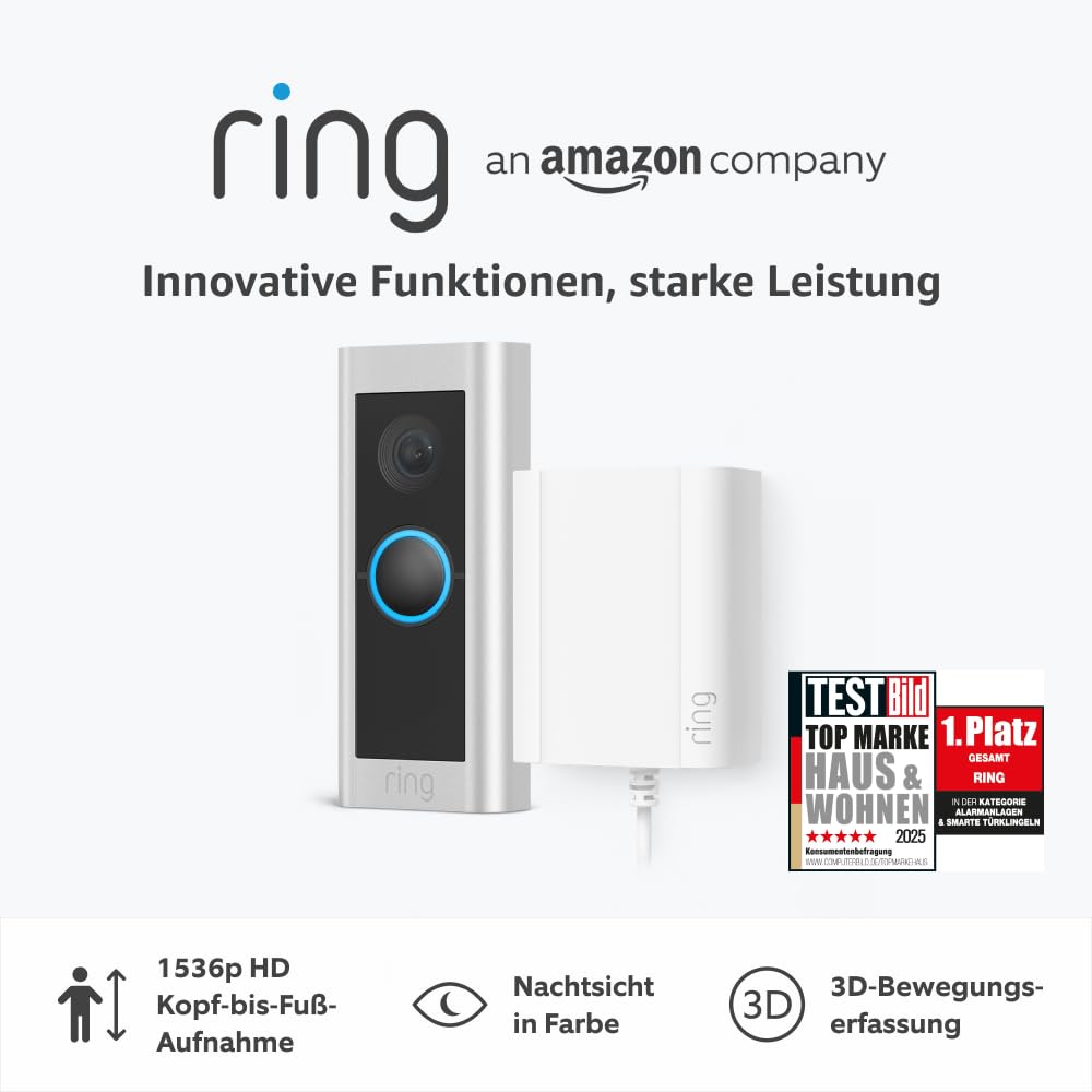 Ring Video Doorbell Pro 2 Video Doorbell, 1536p HD, 3D-Motion Detection, Colour-Night Vision, WiFi