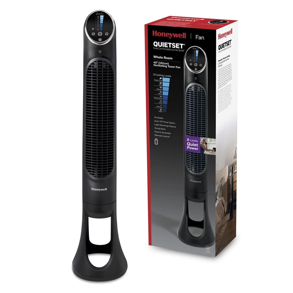 Honeywell HYF260E QuietSet Tower Fan 83cm – 5 Speeds, 80° Oscillation, 30W, Timer, Remote Control, White