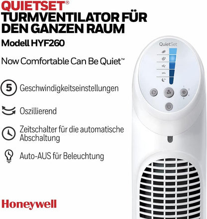 Honeywell HYF260E QuietSet Tower Fan 83cm – 5 Speeds, 80° Oscillation, 30W, Timer, Remote Control, White