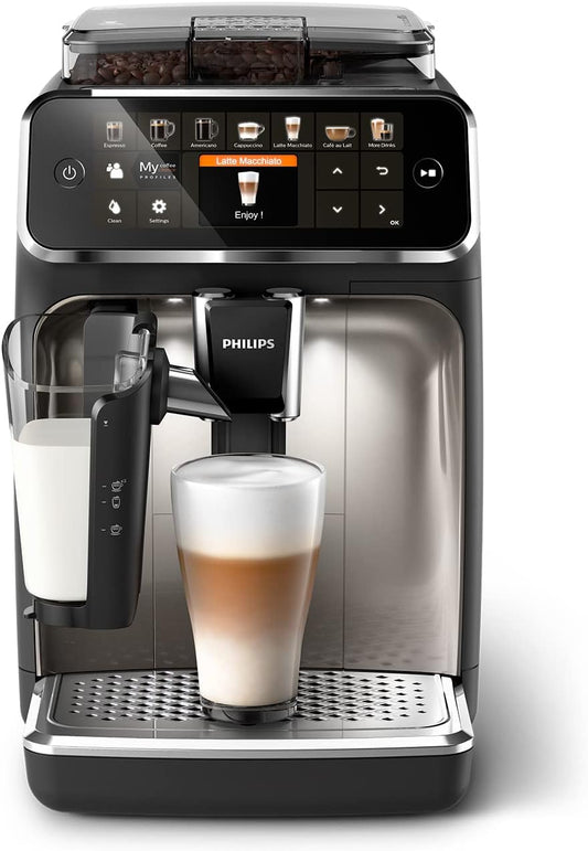Philips Series 5400 LatteGo Fully Automatic Coffee Machine EP5447/90, 12 Coffee Specialities, Milk System, TFT-Touchdisplay, ExtraShot, AquaClean, Black/Chrome