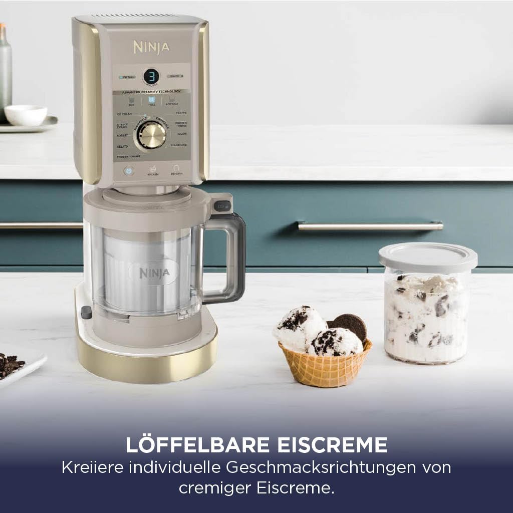 Ninja NC502EU CREAMi Deluxe Ice Cream Maker 2x710ml – 10 Programmes, Dual-Motor, Stone Gold