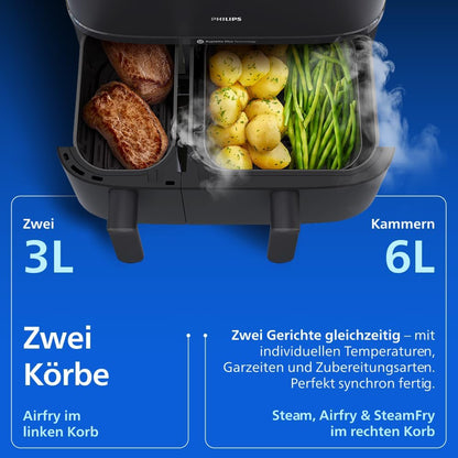 Philips NA550/00 5000 Series Steam & AirFry Air Fryer 9L – RapidAir Plus, 2x Korb, 2750W