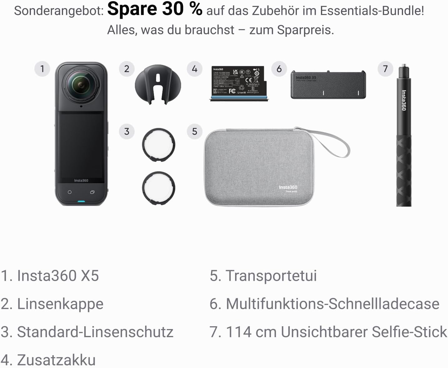 Insta360 X5 Essentials Bundle 360°-Kamera 8K – 2x 1/1.28" Sensor, FlowState, 15m wasserdicht, Black