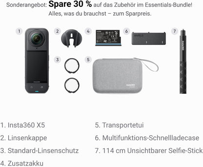 Insta360 X5 Essentials Bundle 360°-Kamera 8K – 2x 1/1.28" Sensor, FlowState, 15m wasserdicht, Black