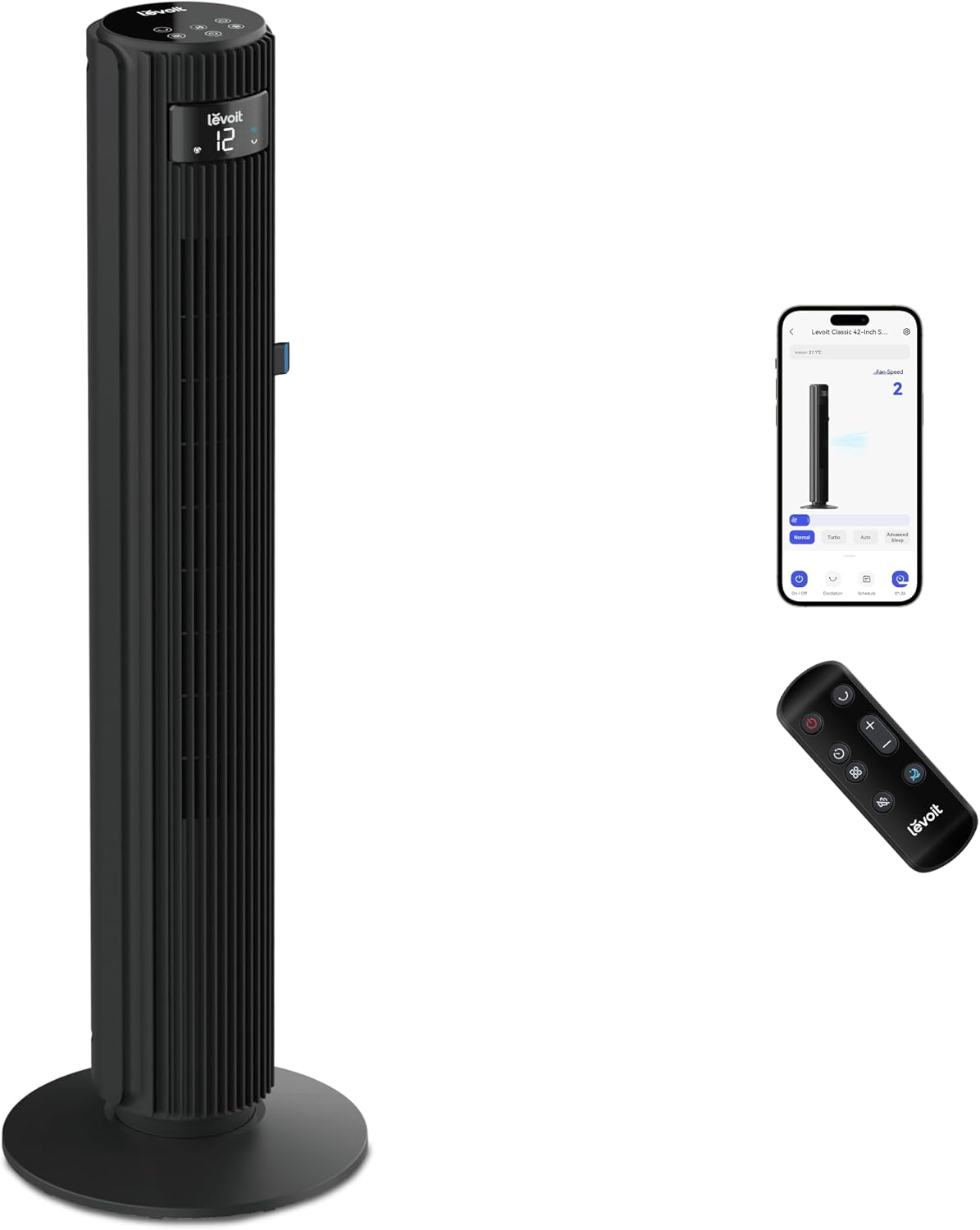 Levoit LTF-F422S-KEU Classic Pro Smart Tower Fan – 12 Speeds, 25dB, 2844m³/h, Alexa, App, Black
