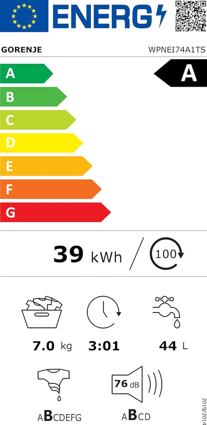 Gorenje WPNEI74A1TS Washing Machine 7kg – Steam, ConnectLife App, 1400 U/min, AquaStop, Energy Class A-10%, White