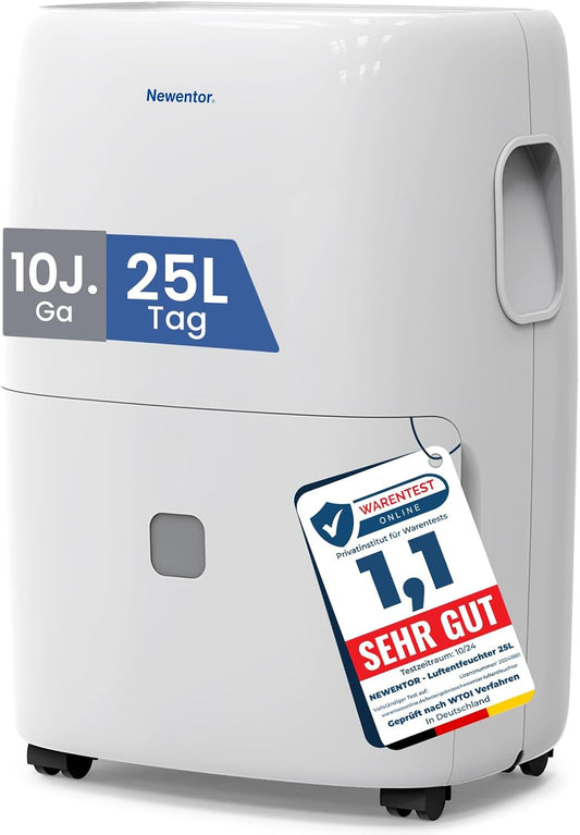 Newentor DEA-25L Dehumidifier 25L/Day – 80m², 3,5L Tank, Full Copper, 39dB, 330W, 10 Years Warranty, White