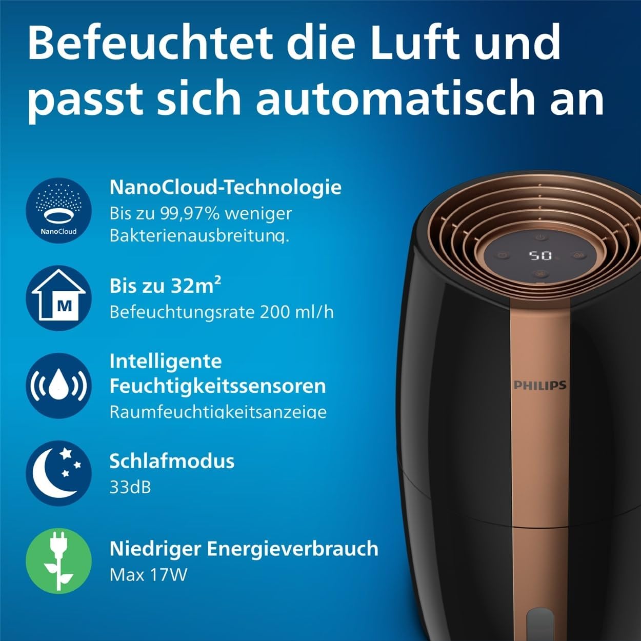 Philips HU2718/10 2000 Series Humidifier 2L – NanoCloud, 200ml/h, 32m², 3 Speeds, 15h, Black/Copper