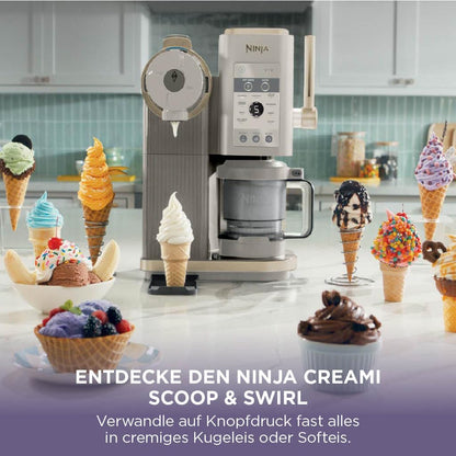 Ninja NC701EU CREAMi Scoop & Swirl Ice Cream Maker 13-in-1 – 2x480ml, Softeis & Eis, Stone Gold