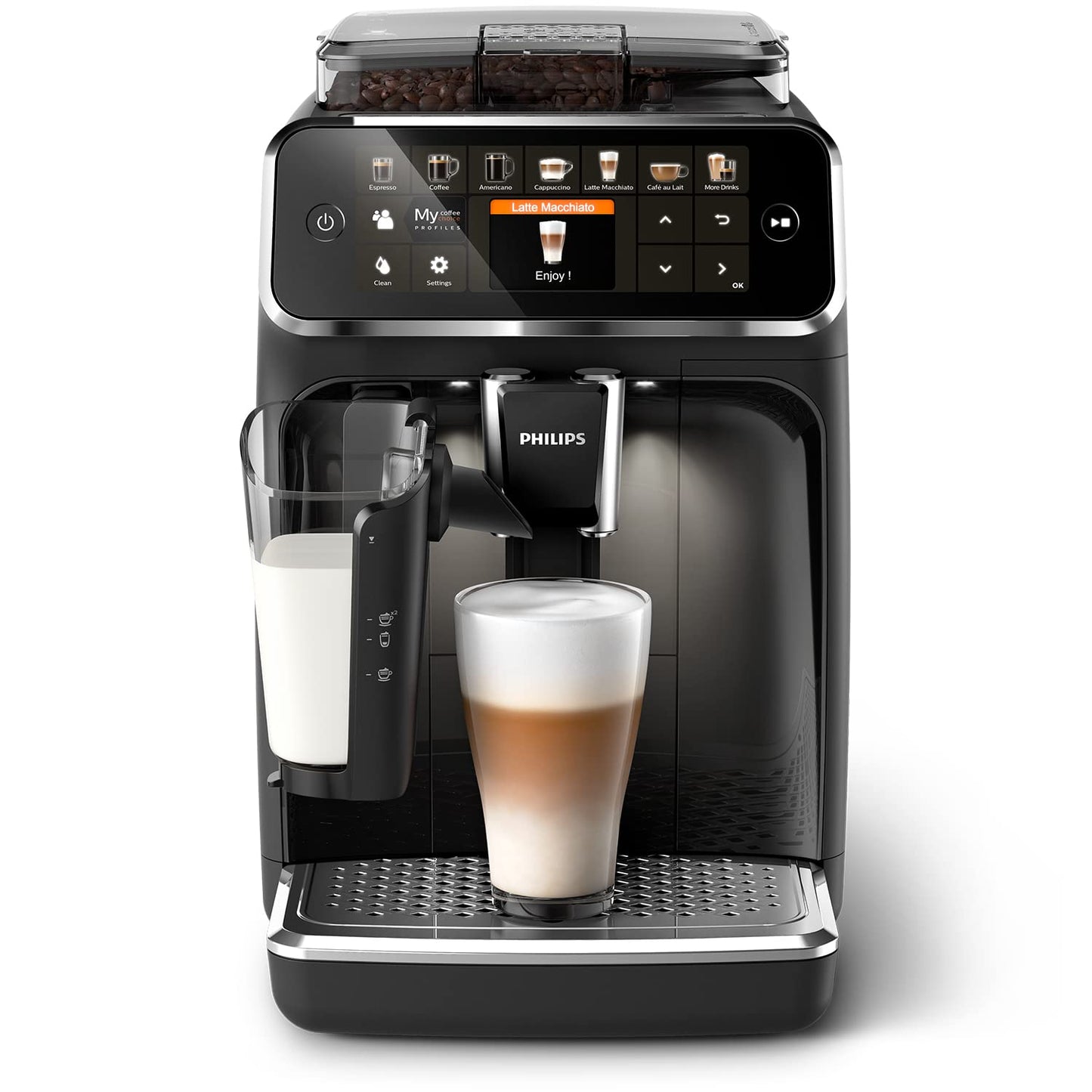 Philips Series 5400 LatteGo Fully Automatic Coffee Machine EP5447/90, 12 Coffee Specialities, Milk System, TFT-Touchdisplay, ExtraShot, AquaClean, Black/Chrome