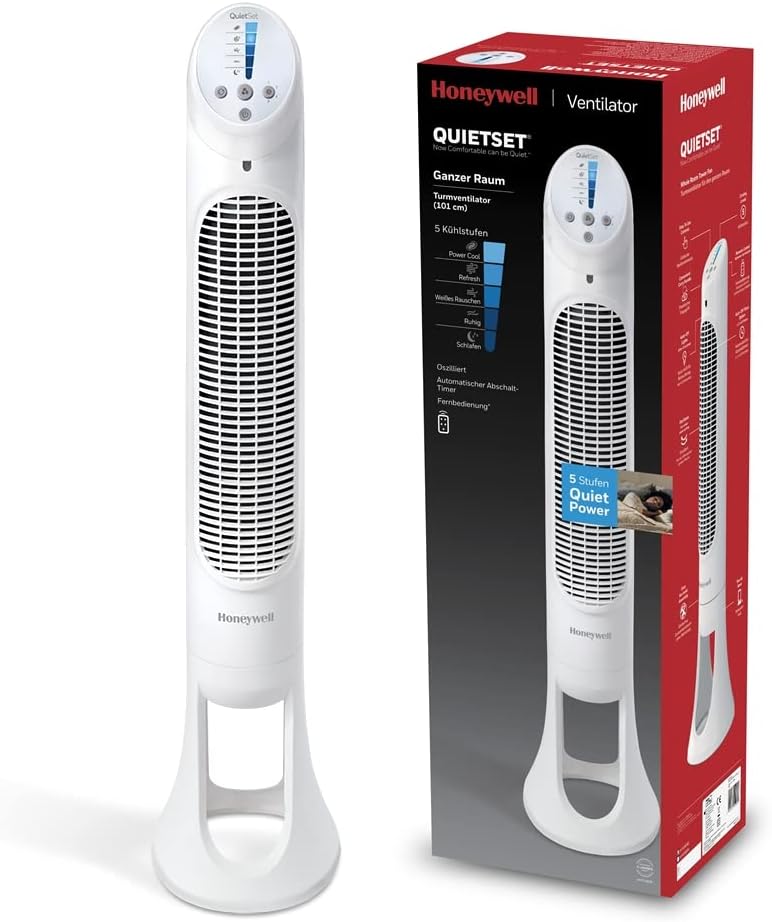 Honeywell HYF260E QuietSet Tower Fan 83cm – 5 Speeds, 80° Oscillation, 30W, Timer, Remote Control, White