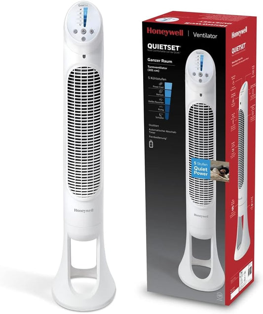 Honeywell HYF260E QuietSet Tower Fan 83cm – 5 Speeds, 80° Oscillation, 30W, Timer, Remote Control, White