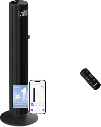 Levoit LTF-F422S-KEU Classic Pro Smart Tower Fan – 12 Speeds, 25dB, 2844m³/h, Alexa, App, Black