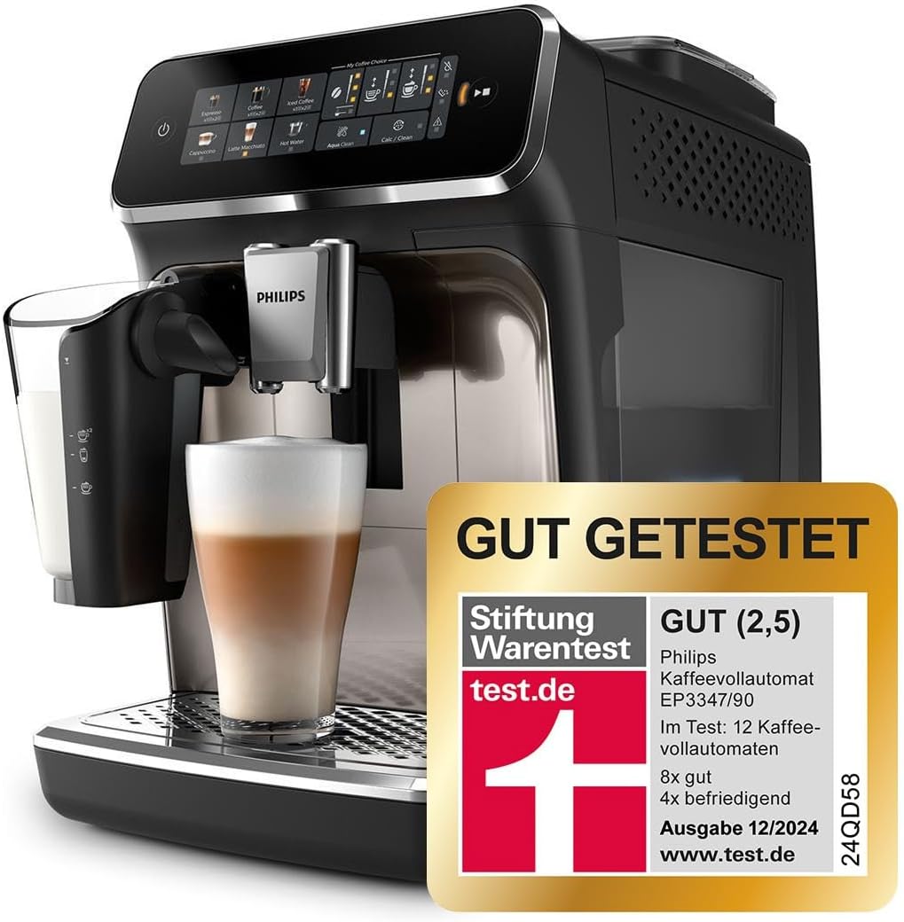 Philips EP3347/90 3300 Series LatteGo Fully Automatic Coffee Machine 1,8L – SilentBrew, AquaClean, 12-stufig, Black/Chrome