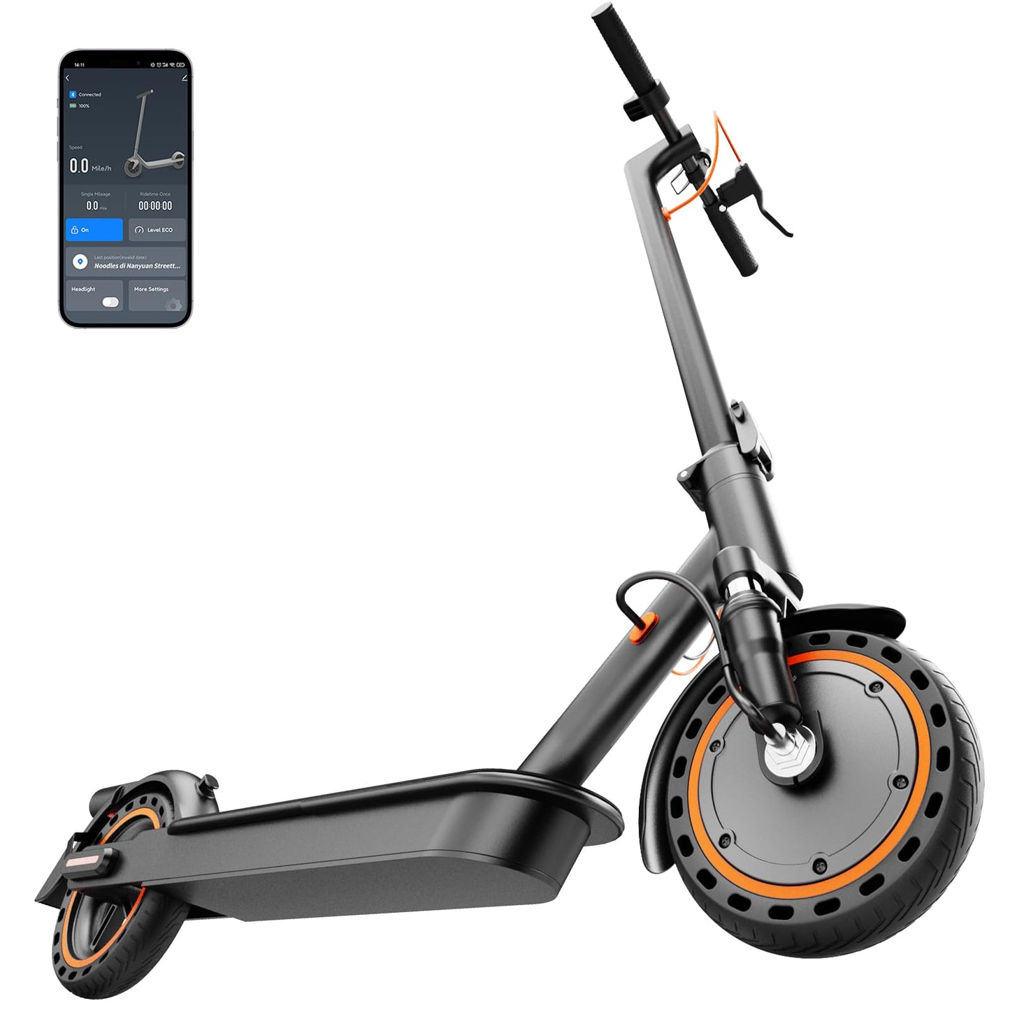TODIMART T3 E-Scooter with ABE, Up to 30 km Range, 8,5 Zoll Solid Rubber Tyres, Bluetooth-App, Dual Braking System, Foldable, IPX5, Black/Orange