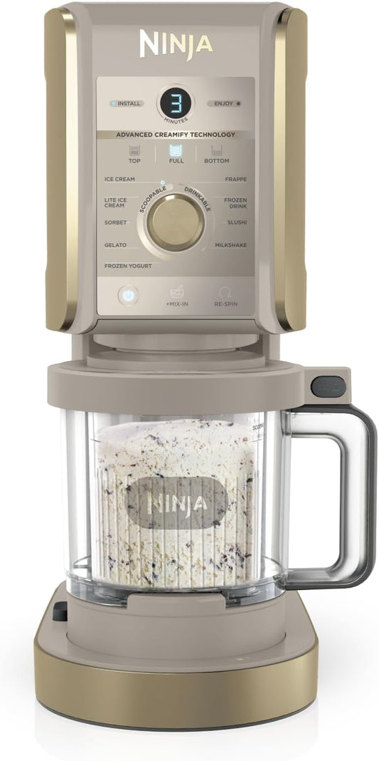 Ninja NC502EU CREAMi Deluxe Ice Cream Maker 2x710ml – 10 Programmes, Dual-Motor, Stone Gold