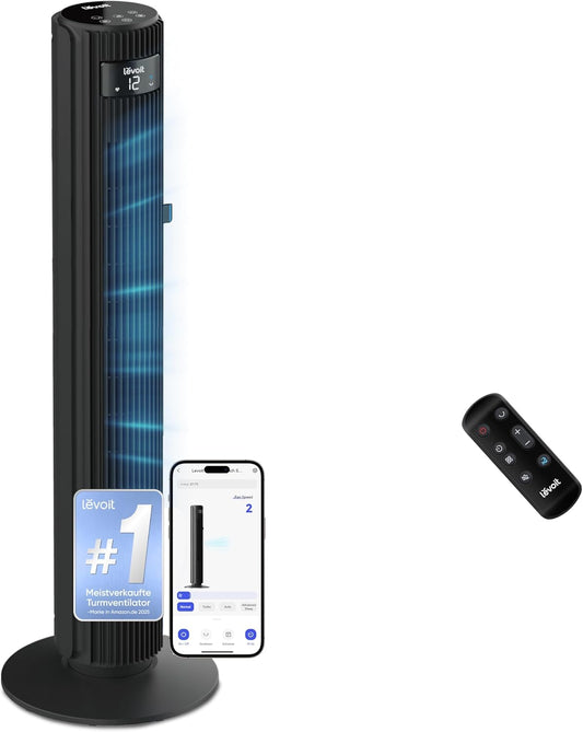 Levoit LTF-F422S-KEU Classic Pro Smart Tower Fan – 12 Speeds, 25dB, 2844m³/h, Alexa, App, Black