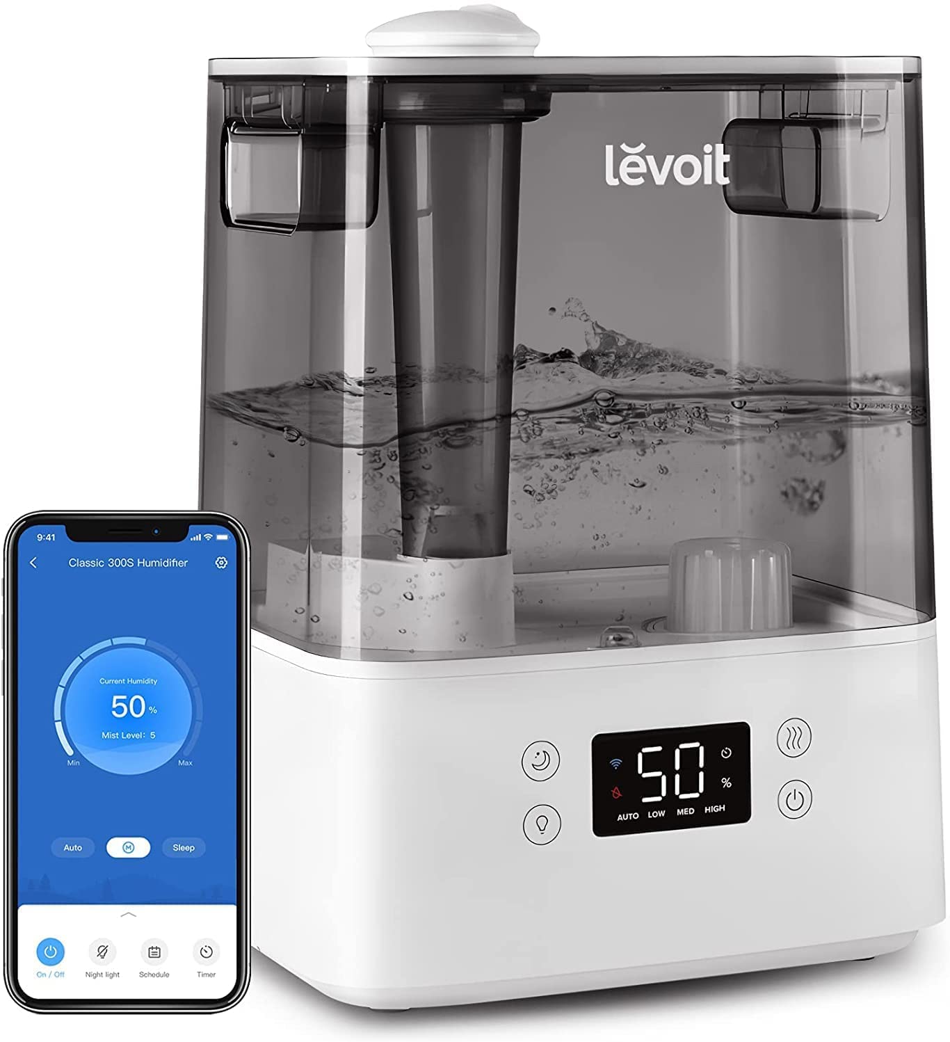 Levoit OasisMist LUH-O451S Humidifier 4,5L – Warm & Kalt, VortexMist, 550ml/h, 26dB, WiFi, Moon White