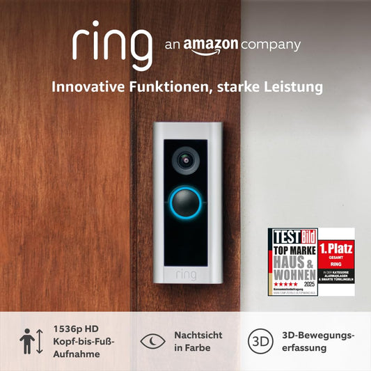 Ring Video Doorbell Pro 2 Video Doorbell, 1536p HD, 3D-Motion Detection, Colour-Night Vision, WiFi