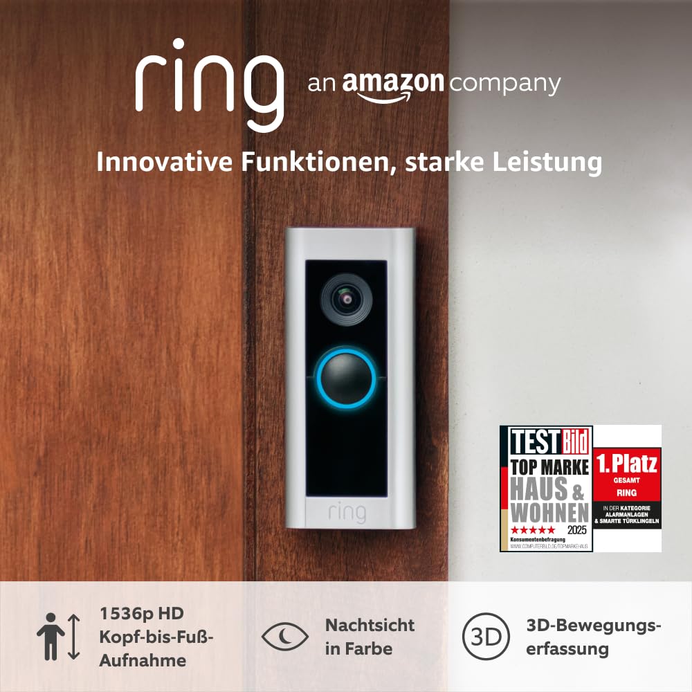 Ring Video Doorbell Pro 2 Video Doorbell, 1536p HD, 3D-Motion Detection, Colour-Night Vision, WiFi