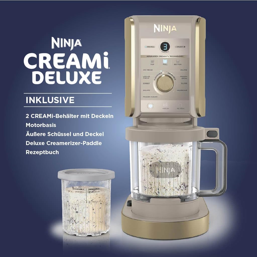 Ninja NC502EU CREAMi Deluxe Ice Cream Maker 2x710ml – 10 Programmes, Dual-Motor, Stone Gold