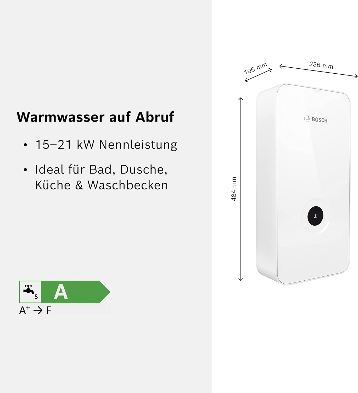 Bosch Thermotechnik Tronic Line 21kW Instant Water Heater – 400V, 60°C, WiFi, Clickfix 2.0, Energy Class A, Stainless Steel