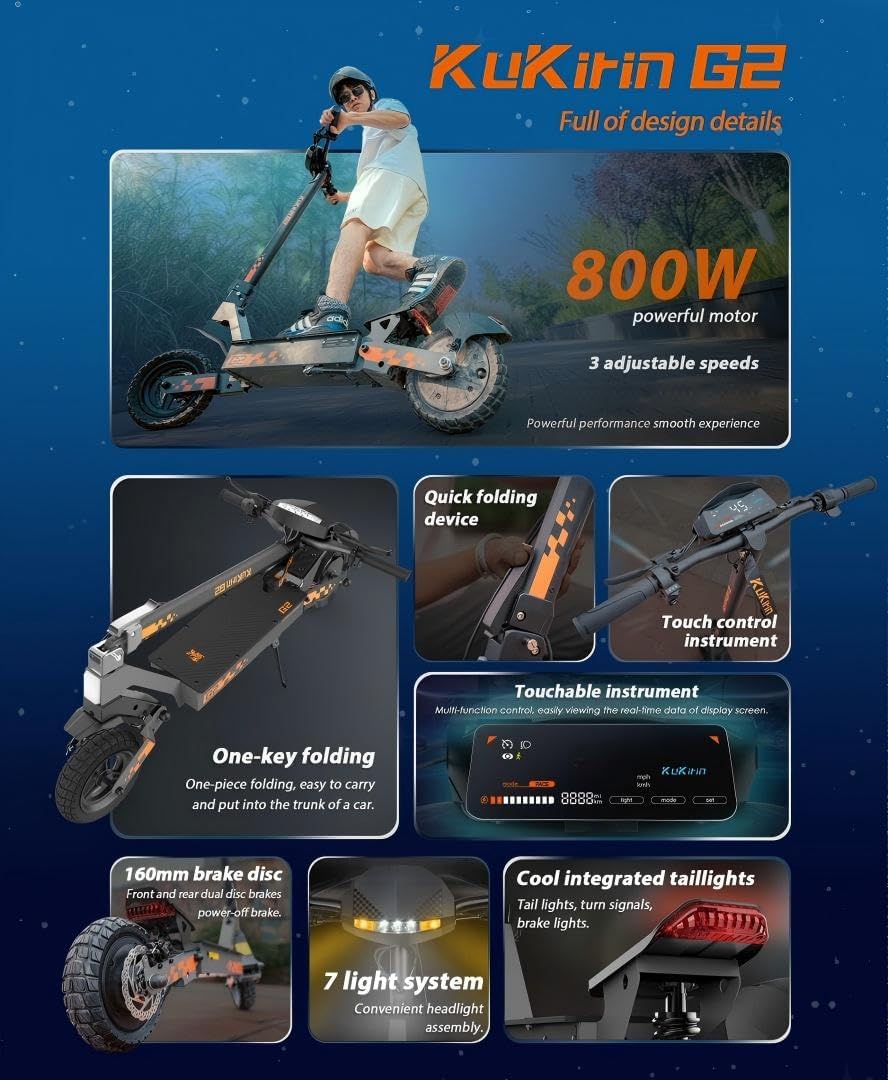 KuKirin G2 E-Scooter, Up to 55 km Range, 10 Zoll Pneumatic Tyres, Vorder- and Rear Suspension, Dual Disc Brakes, Foldable, Black/Orange