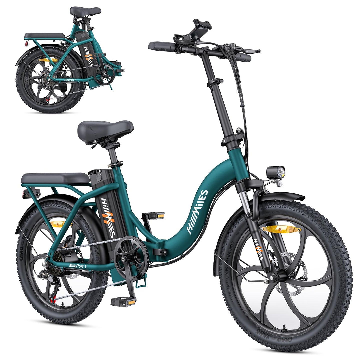 HillMiles MilePort 1 E-Bike Foldable 250W – 36V/13Ah, 100km, 7-Gang, Dual-Federung, 20", Green