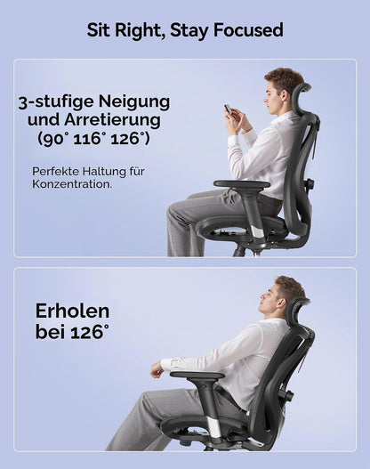 SIHOO M57 Ergonomic Office Chair, 3D-Armrests, Mesh, Headrest, Up to 150 kg, Black