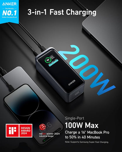 Anker Prime 72Wh Powerbank 20.000 mAh, 200W, USB-C & USB-A, Fast Charging, Black