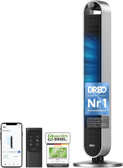 DREO Pilot Max DR-HTF004S Tower Fan 108cm – 12 Speeds, 120° Oscillation, 25dB, WiFi, Alexa, Silver