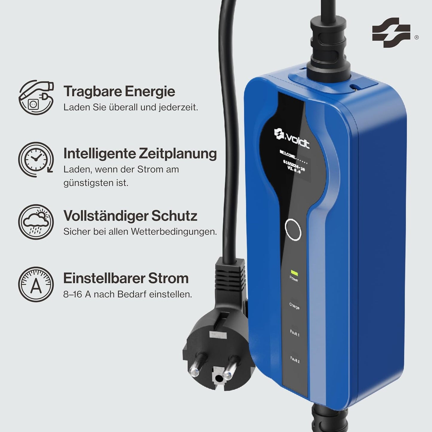 Voldt EVMCS131 Typ-2 Portable Charging Cable 3,7kW – 8-16A, IP67, CE, TÜV, Timer, IEC 62196, Blue