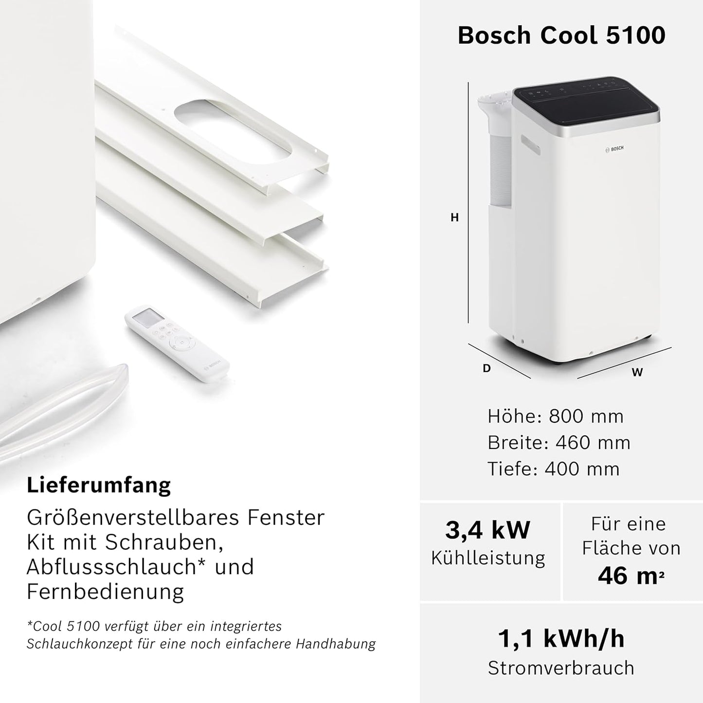 Bosch Cool 5100 Portable Air Conditioner 3,4kW – Inverter, Energy Class A+, 3-in-1, Auto/Silent/Sleep, 43dB, White