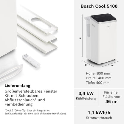 Bosch Cool 5100 Portable Air Conditioner 3,4kW – Inverter, Energy Class A+, 3-in-1, Auto/Silent/Sleep, 43dB, White