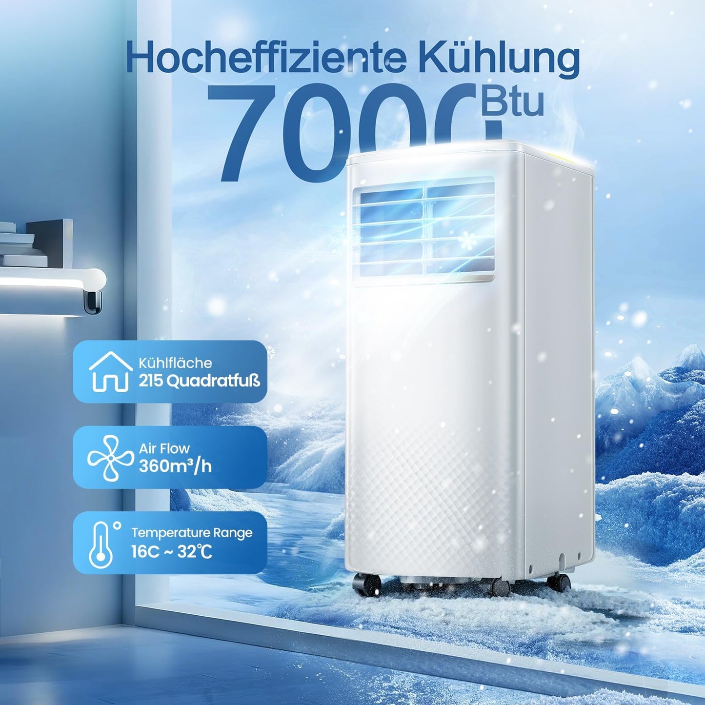 4-in-1 Mobile Air Conditioner, 7000 BTU Mobile Air Conditioner with Cooling, Air Circulation, Dehumidification, Portable Air Conditioner with Remote Control, Exhaust Hose, Sleep Mode, 2.1 kW for Rooms