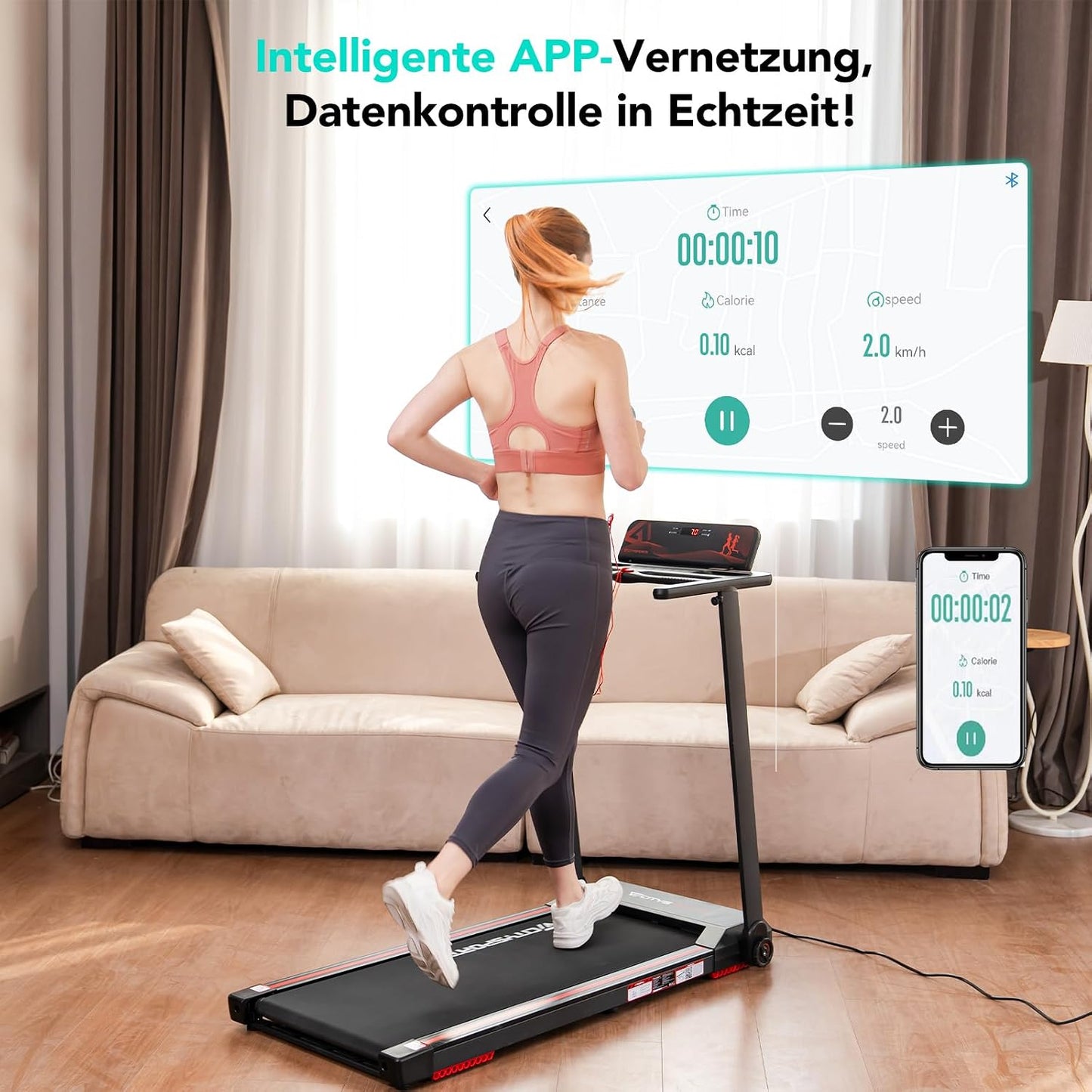 CITYSPORTS CS-WP9 Treadmill Foldable 1400W – Bluetooth, 12 km/h, 110kg, LED, 360° Tablet-Halter, Black