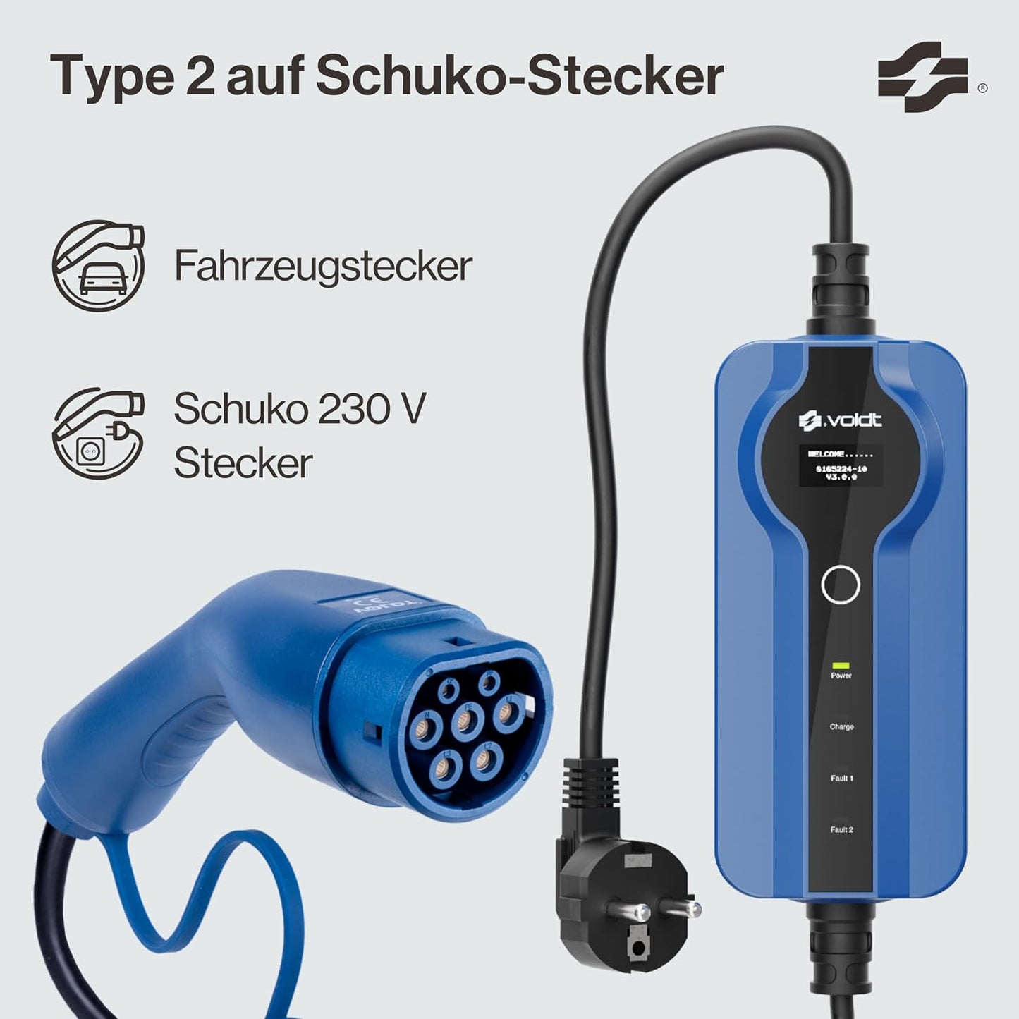 Voldt EVMCS131 Typ-2 Portable Charging Cable 3,7kW – 8-16A, IP67, CE, TÜV, Timer, IEC 62196, Blue