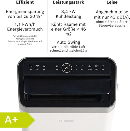 Bosch Cool 5100 Portable Air Conditioner 3,4kW – Inverter, Energy Class A+, 3-in-1, Auto/Silent/Sleep, 43dB, White