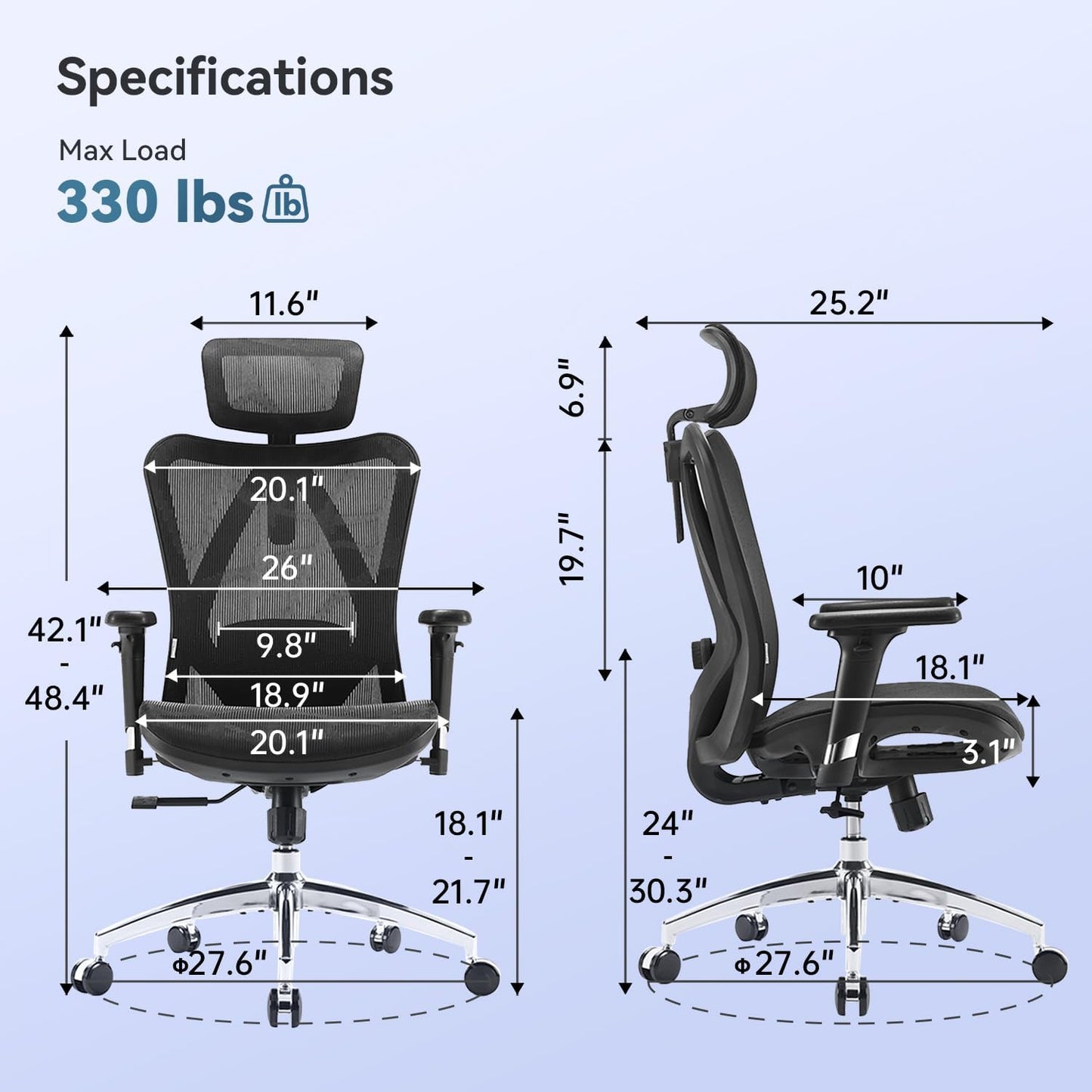 SIHOO M57 Ergonomic Office Chair, 3D-Armrests, Mesh, Headrest, Up to 150 kg, Black