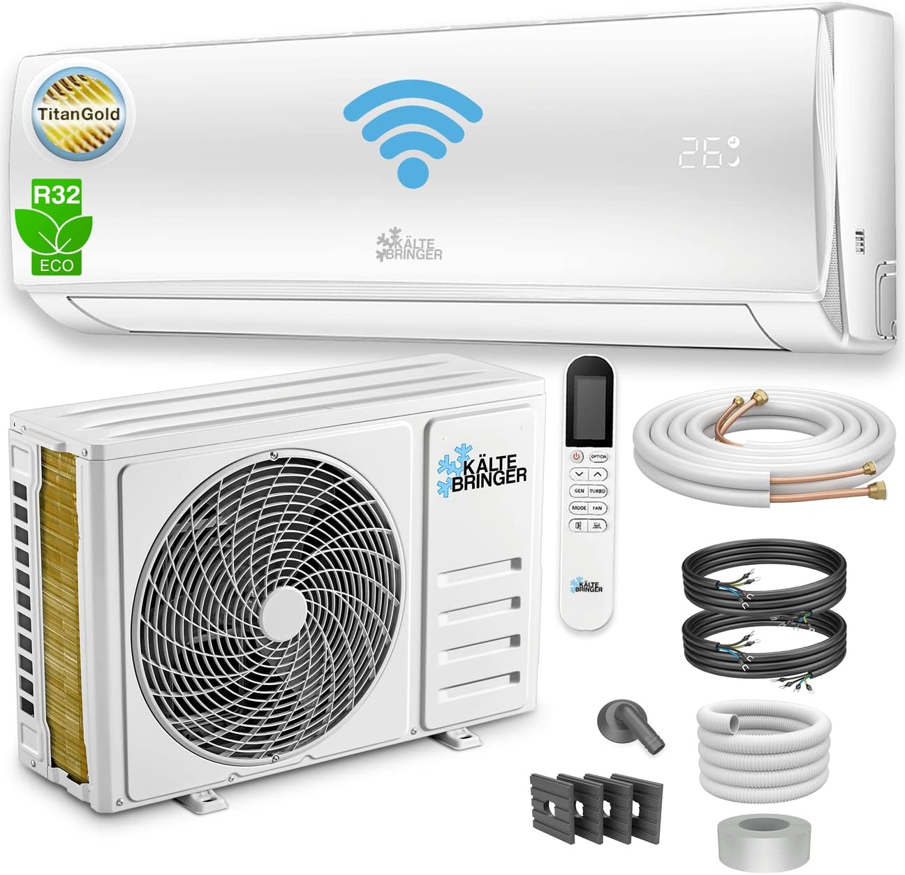 Kältebringer KB34 Split Air Conditioner 12.000 BTU – Full-Inverter, Energy Class A++/A+, R32, WiFi, Alexa, TitanGold, White