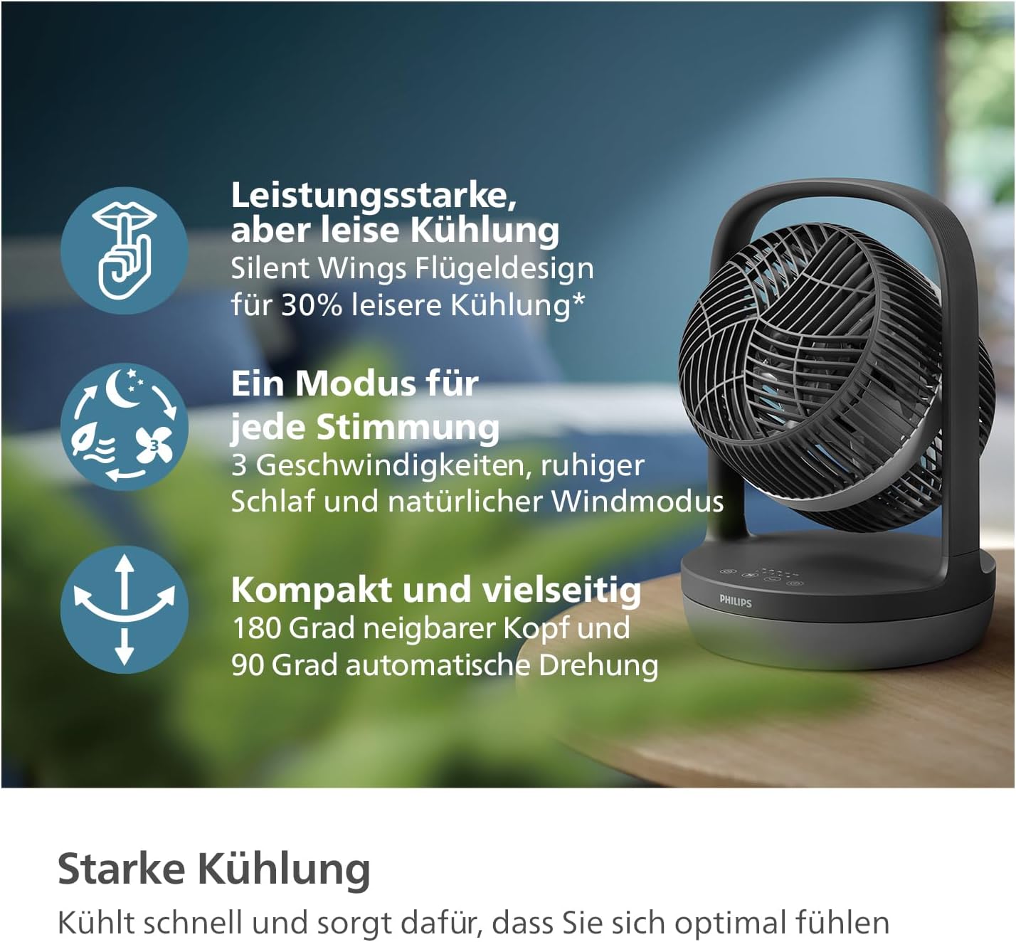 Philips CX3050/01 SilentWings Table Fan – 23dB, 738m³/h, 90° Oscillation, 180° Tilt, 3 Speeds, Black