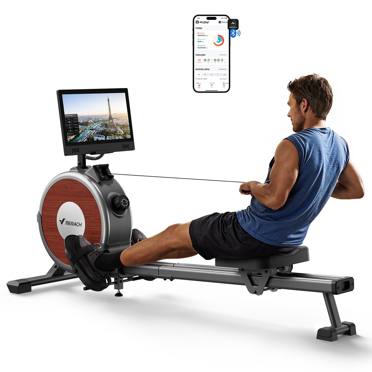 MERACH Q1s Rowing Machine 160kg – 32-stufig Magnet, 5,5kg Schwungrad, App, Dual-Rail, 0,2m², Black