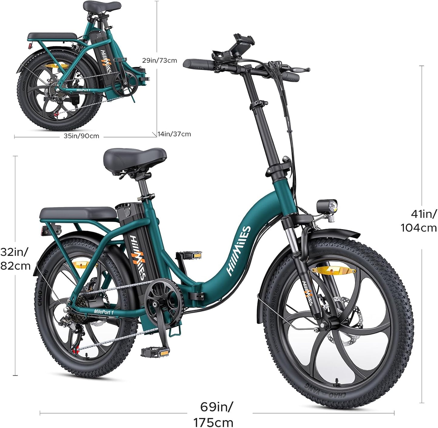 HillMiles MilePort 1 E-Bike Foldable 250W – 36V/13Ah, 100km, 7-Gang, Dual-Federung, 20", Green