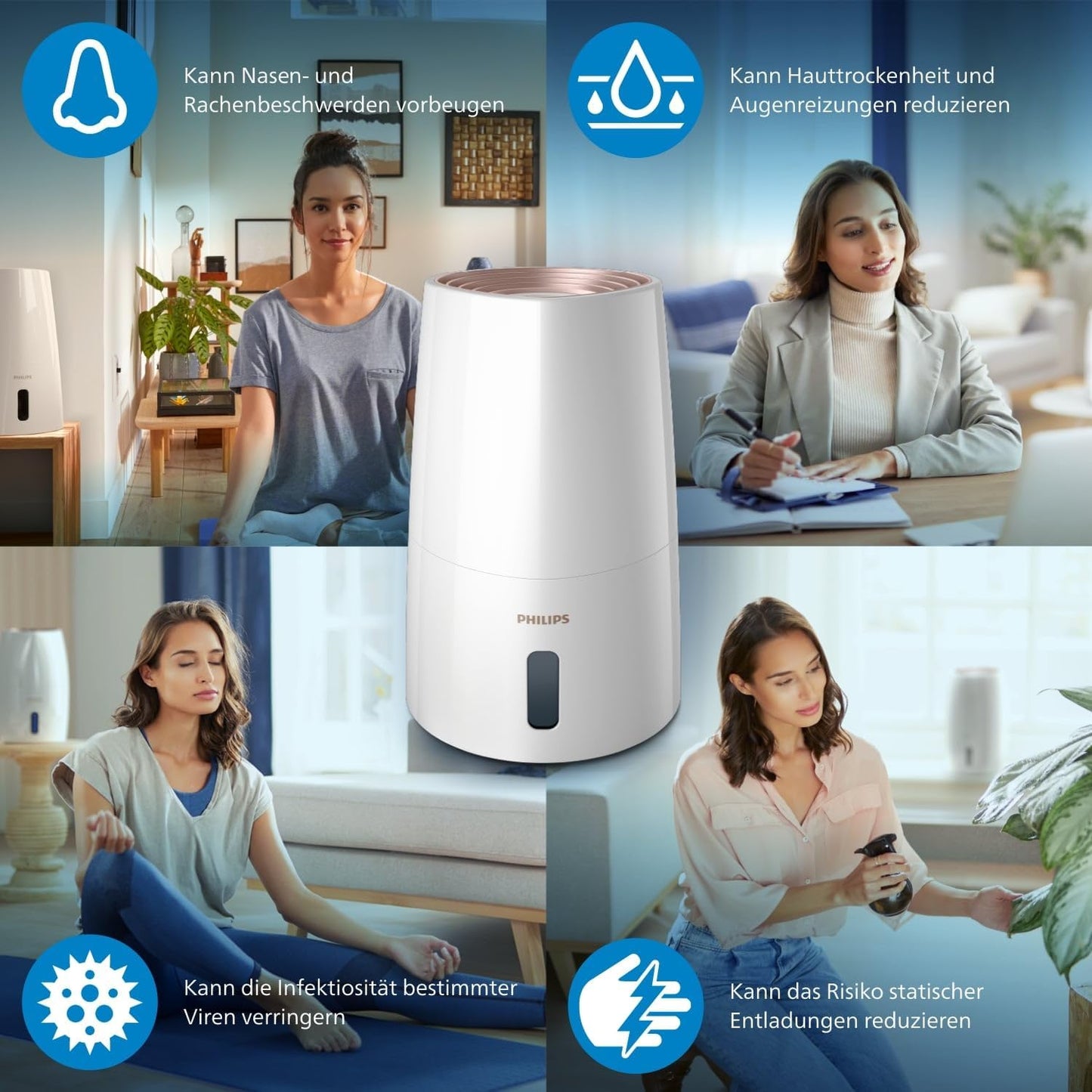 Philips HU3916/10 3000 Series Humidifier 3L – 99% bakterienreduziert, 45m², 360°, 20h, 9h Timer, White